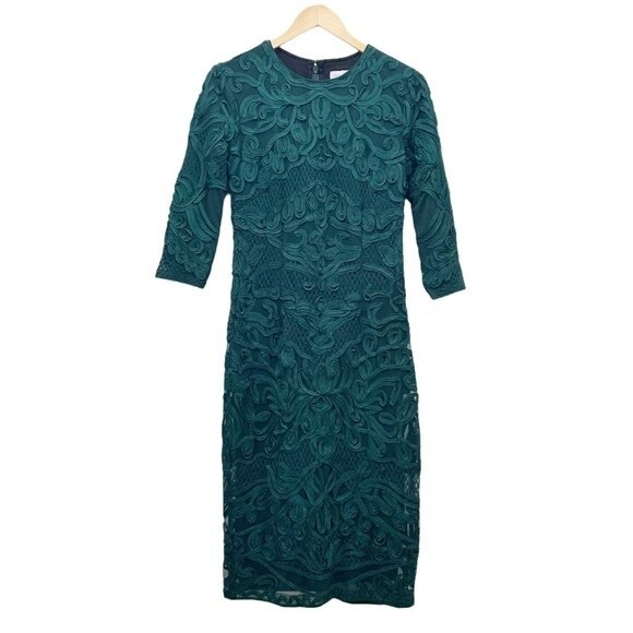 JS Collections Lace Dress Forest Sheer Sleeve Soutache Midi Sheath Dress Size 2 - Picture 2 of 14